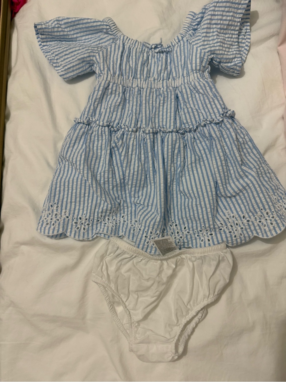Janie and Jack Blue and White Striped Eyelet Dress with Bloomers